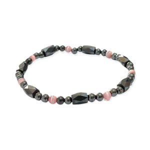 Pulsera Hematita Cilindro Facetado + Esfera Rosa 5mm