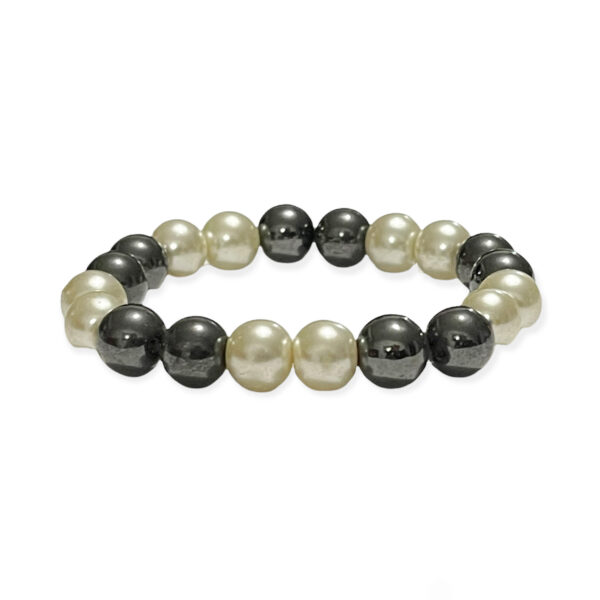 Pulsera Perla Shell Blanco + Hematita Negra Esfera 10mm