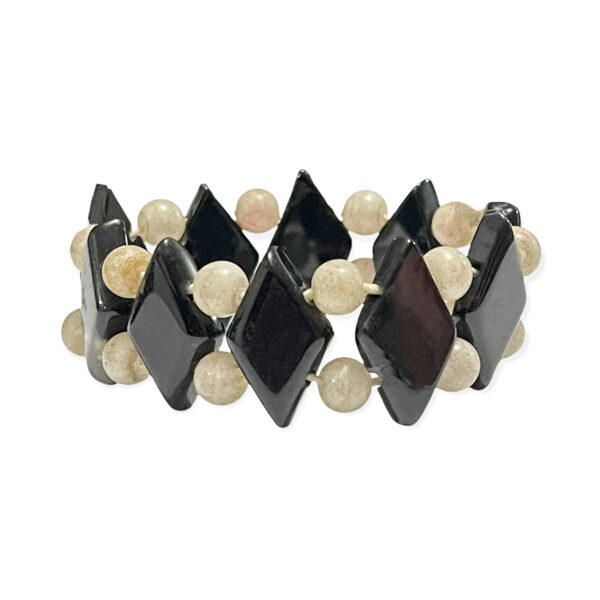 Pulsera Ónix Rombos Negros + Esferas Blancas 18-20mm