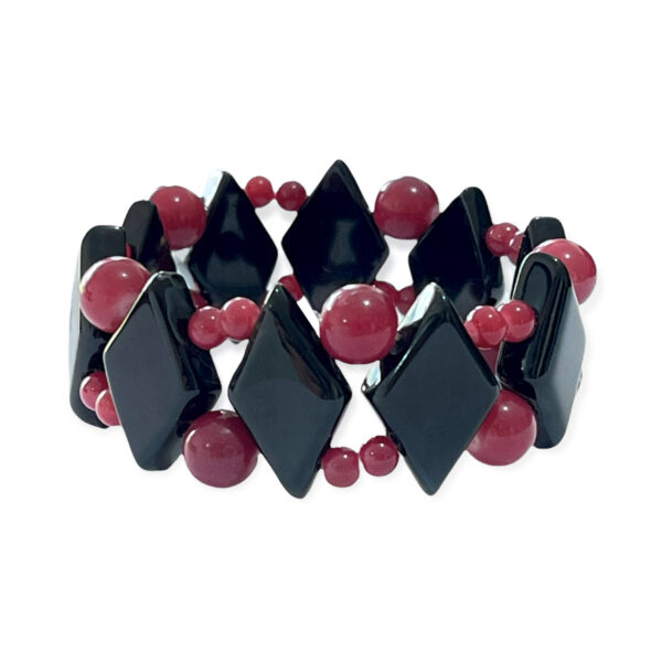 Pulsera Ónix Rombos Negros + Esferas Vino Tinto 18-20mm